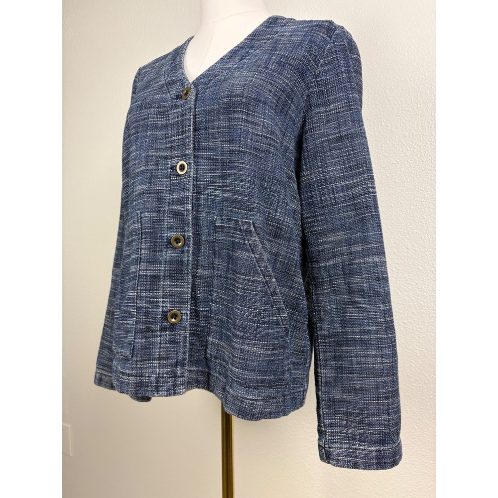 Pure Jill Indigo Blue Textured Button Front Jacket Womens XS Cotton Blend V-Neck - Picture 8 of 8